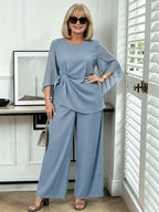 2Pcs Light Blue Chiffon 2 Piece Outfit, Irregular Twist Flare Sleeve Top & Wide Leg Pants Set for Mature Women