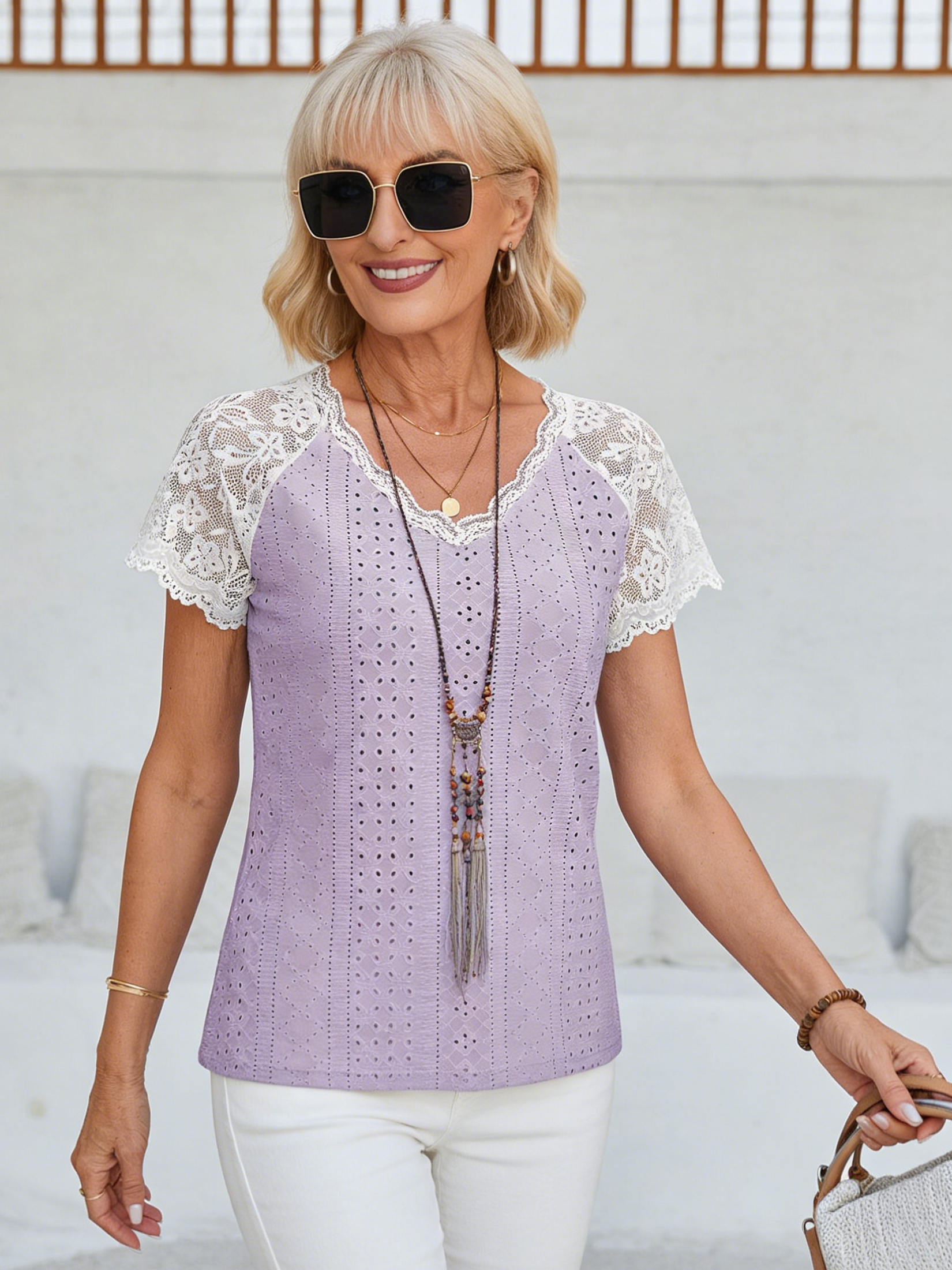 Textured Fabric New V-neck Lace Splicing Loose Casual Hole T-shirt