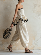 Strapless Ruffle Peplum Top & Harem Pants Set | Linen Boho Two-Piece Outfit