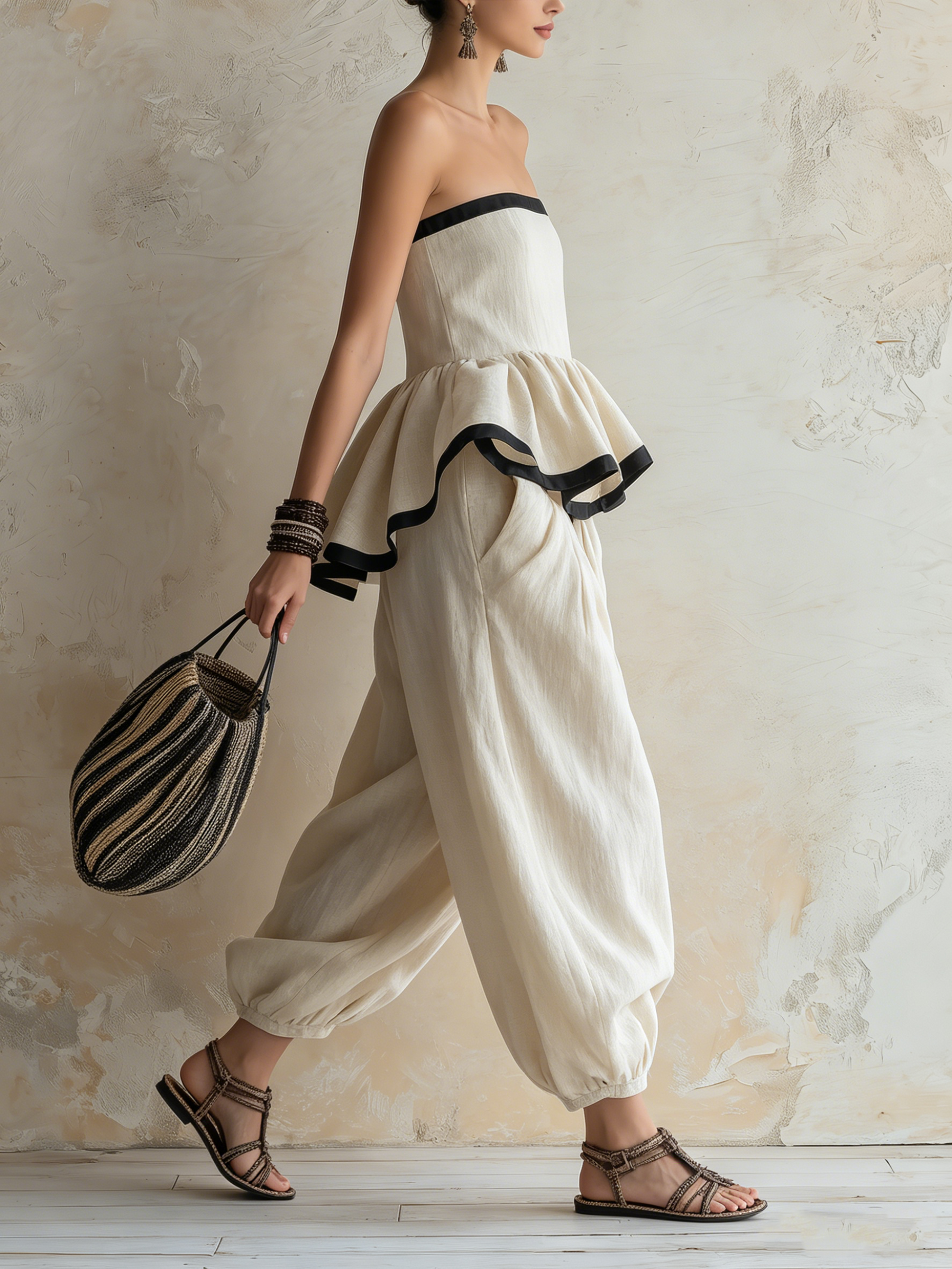 Strapless Ruffle Peplum Top & Harem Pants Set | Linen Boho Two-Piece Outfit