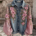 Vintage Pink Flowers Glitter Embroidered Denim Jacket