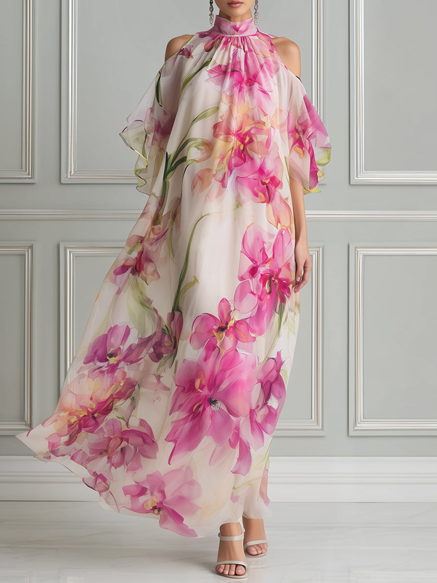 Floral Watercolor High-Neck Cold-Shoulder Maxi Dress