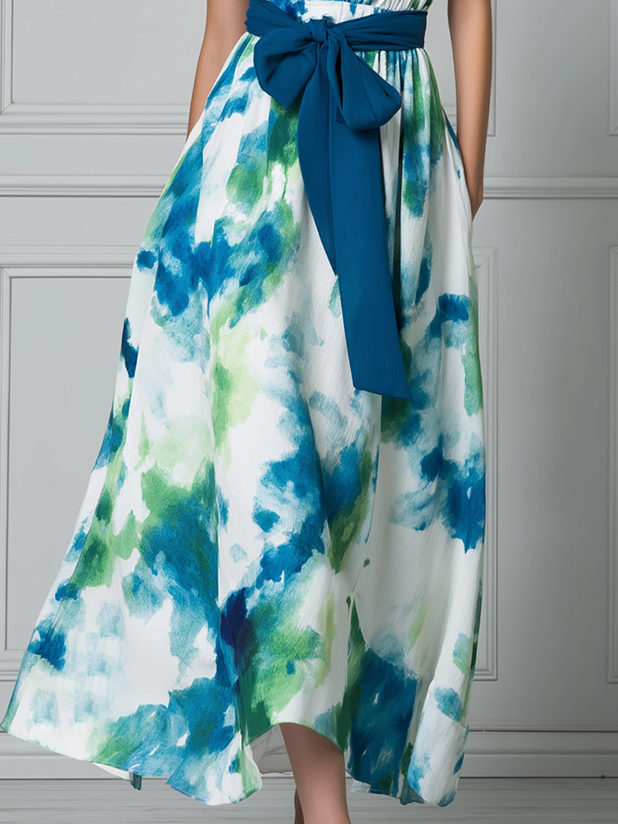 Collared Short Sleeve Watercolor Print Midi Dress
