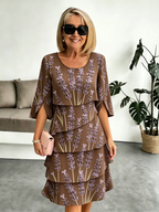 Lavender Chiffon Vacation Prints Color Round Neck Cake Skirt Splicing Dress Mid-length