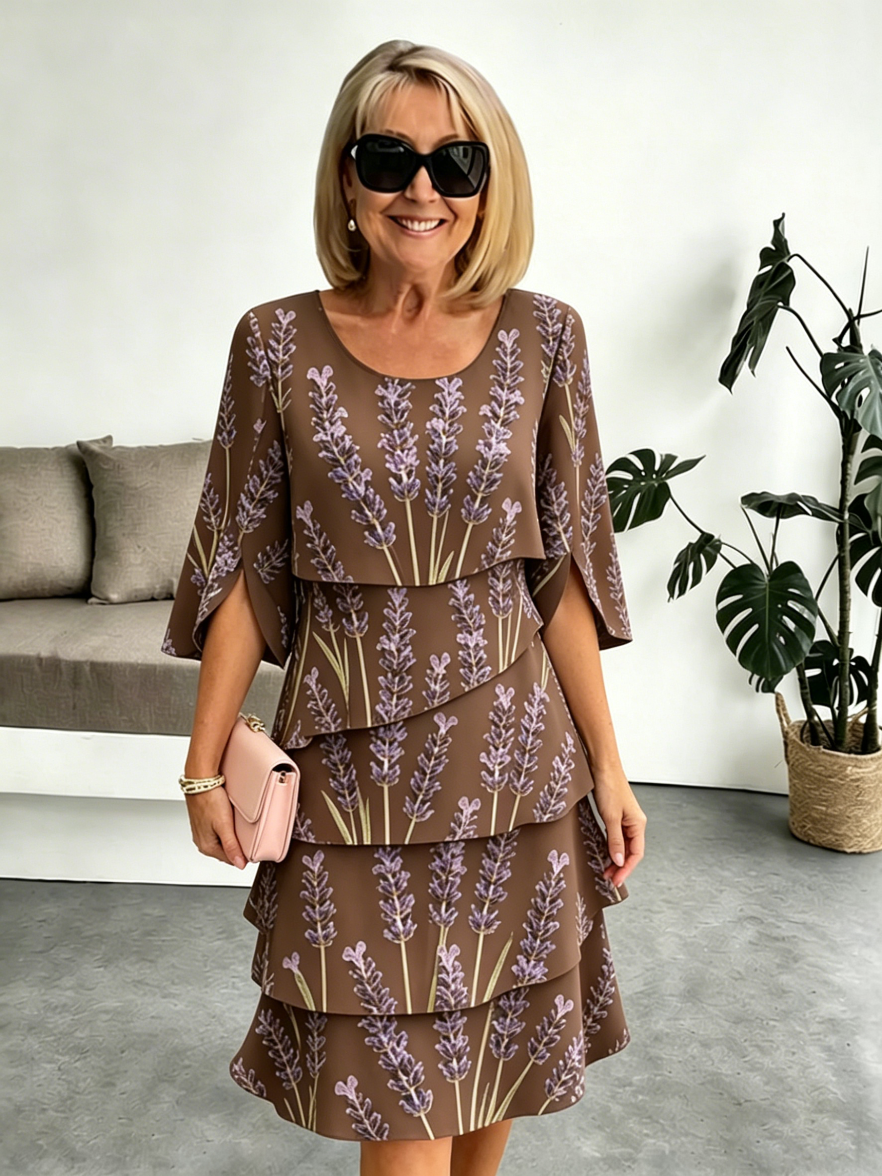 Lavender Chiffon Vacation Prints Color Round Neck Cake Skirt Splicing Dress Mid-length