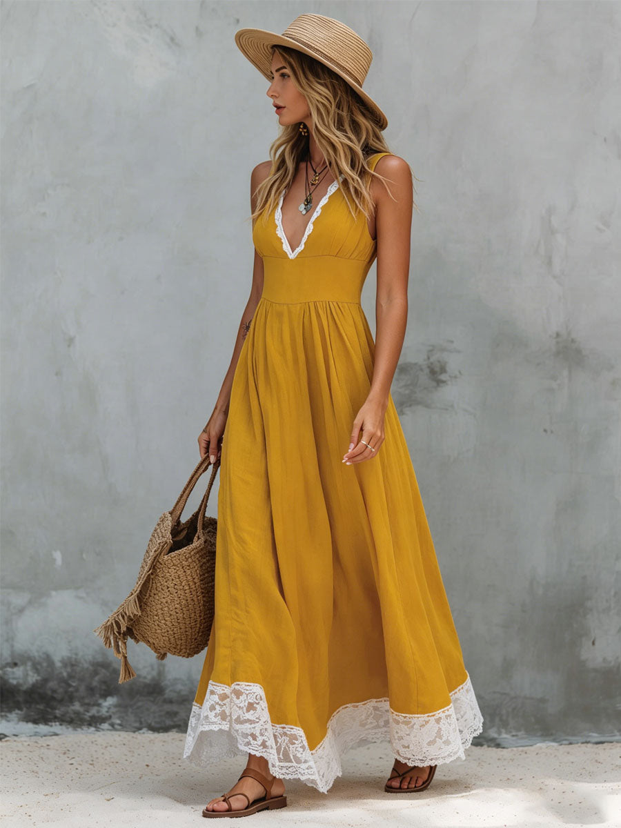 Color-blocked V-neck Lace-trimmed Cotton And Linen Sleeveless Maxi Dress