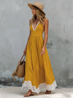 Color-blocked V-neck Lace-trimmed Cotton And Linen Sleeveless Maxi Dress