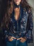 Vintage Floral Velvet Bell Cuffs Lace Blouse