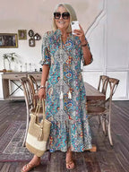 Vacation DRESS Paisley Bohemian Long Length Vintage Print Tassel Tie Neck Tunic Dress - Elegant Vacation Style with Drawstring, Ruffle Hem, and Random Printing