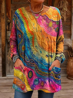 Women's Peace Tie-dye Rainbow Art Pattern Casual Long-sleeve Pocket T-shirt