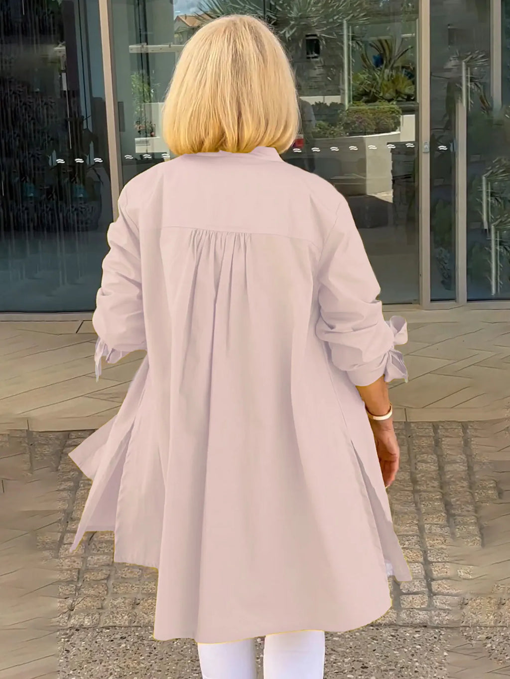 Stand Collar Long Cotton Shirt Jackets Women Swing Shap Flattering Gathered Yolk At The Back