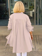 Stand Collar Long Cotton Shirt Jackets Women Swing Shap Flattering Gathered Yolk At The Back