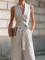 Double-Breasted Shawl Collar Belted Vest And Wide-Leg Pants Set