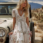 Bohemian Western Style Floral Pattern Vintage Cotton And Linen Embroidered White V-neck Short-sleeved Long Dress