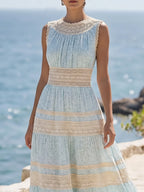 Maxi Linen Dress, Sleeveless, Floral, Lace, Vacation, Vintage, Blue