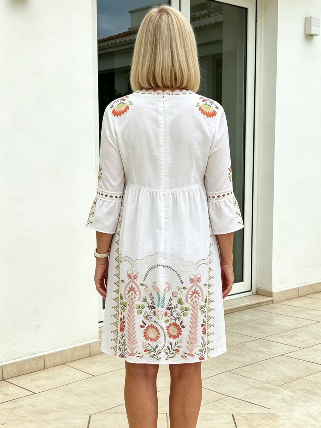 V-neck Printed Lace Stitching Bohemian Casual Vacation Style Dress