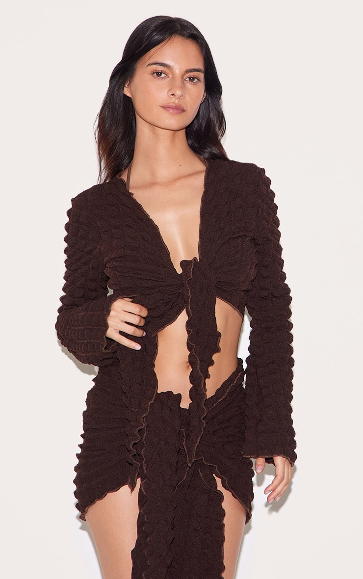 Chocolate Bubble Texture Tie Front Top And Sarong Beach Set