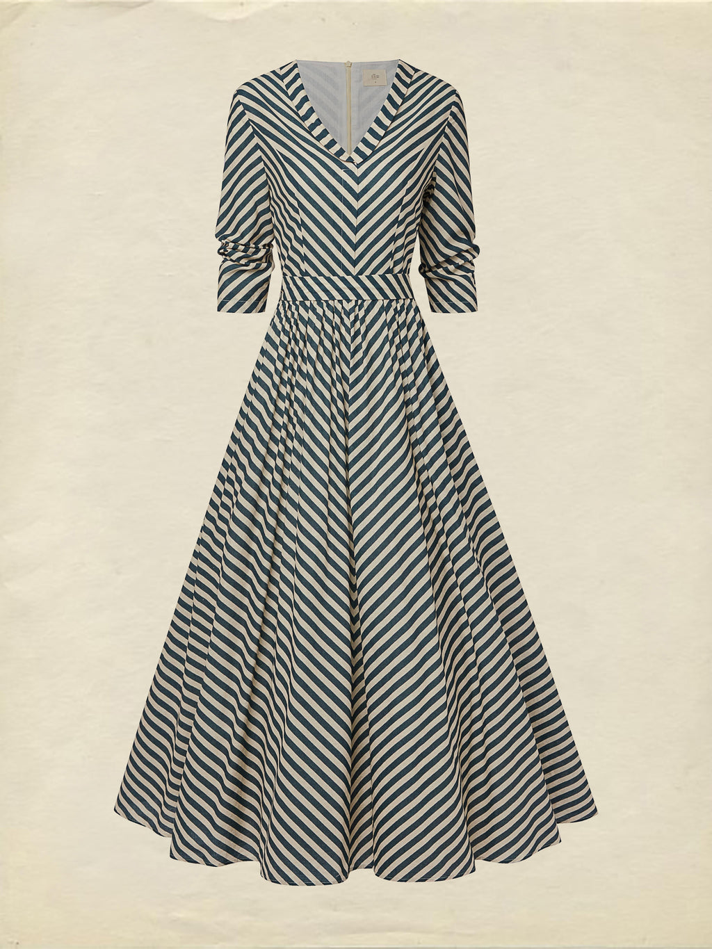 Maxi Cotton Dress, Half Sleeve, V Neck, Striped, French Vintage, Blue