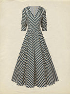 Maxi Cotton Dress, Half Sleeve, V Neck, Striped, French Vintage, Blue