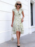 Light Green Floral Chiffon Midi Dress, V-Neck Ruffle Cap Sleeve Slimming Tiered Cake Dress for Mature Women