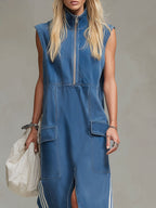 Stand-collar Zip-up Sleeveless Denim Maxi Dress