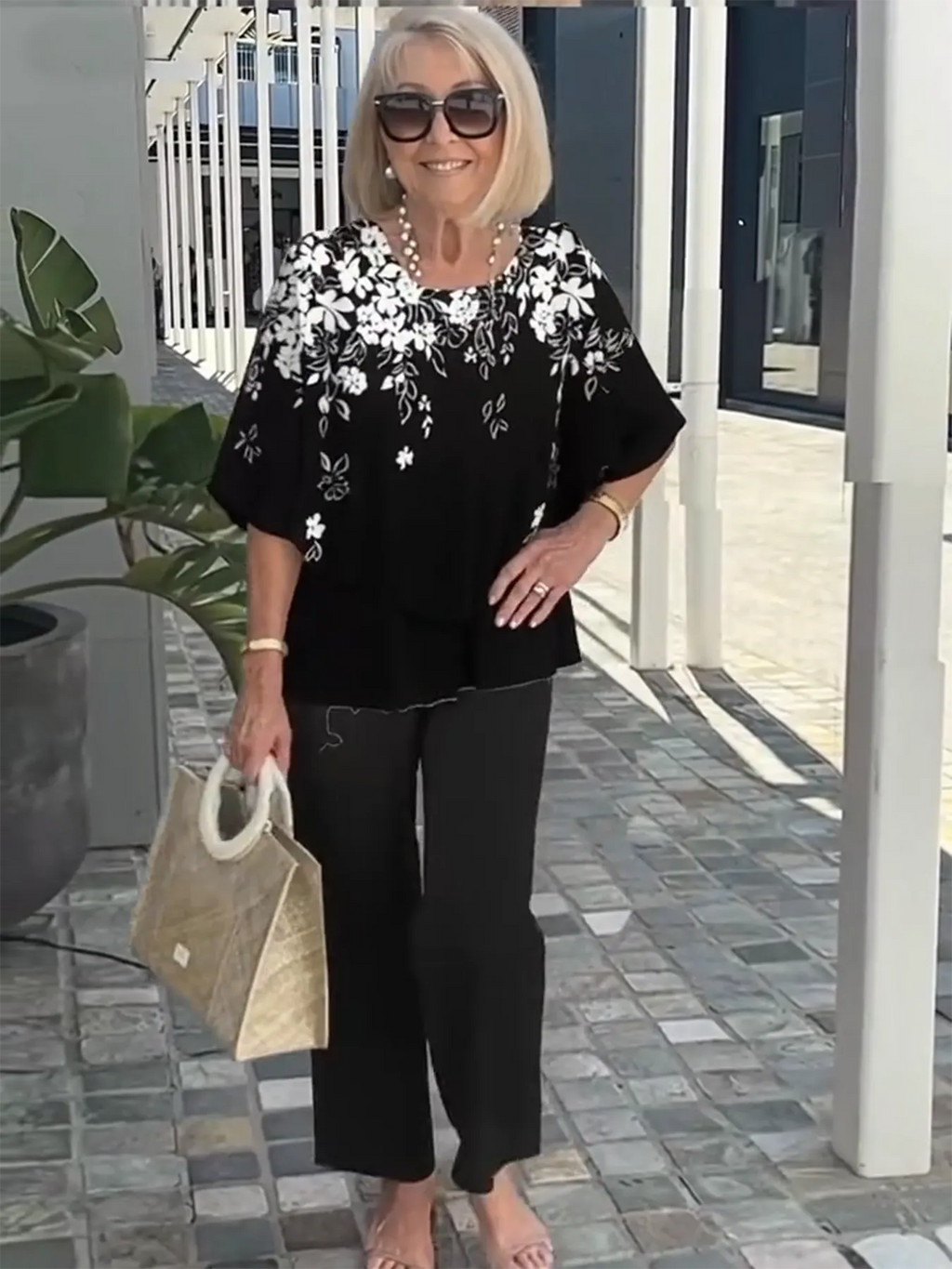 Casual Crew Neck Medium Sleeve Top Printed Floral Pants Set Two-piece Set