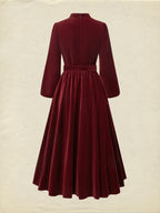 Midi Cotton Dress, Long Sleeves, Stand Collar, Plain, Vintage, Wine Red