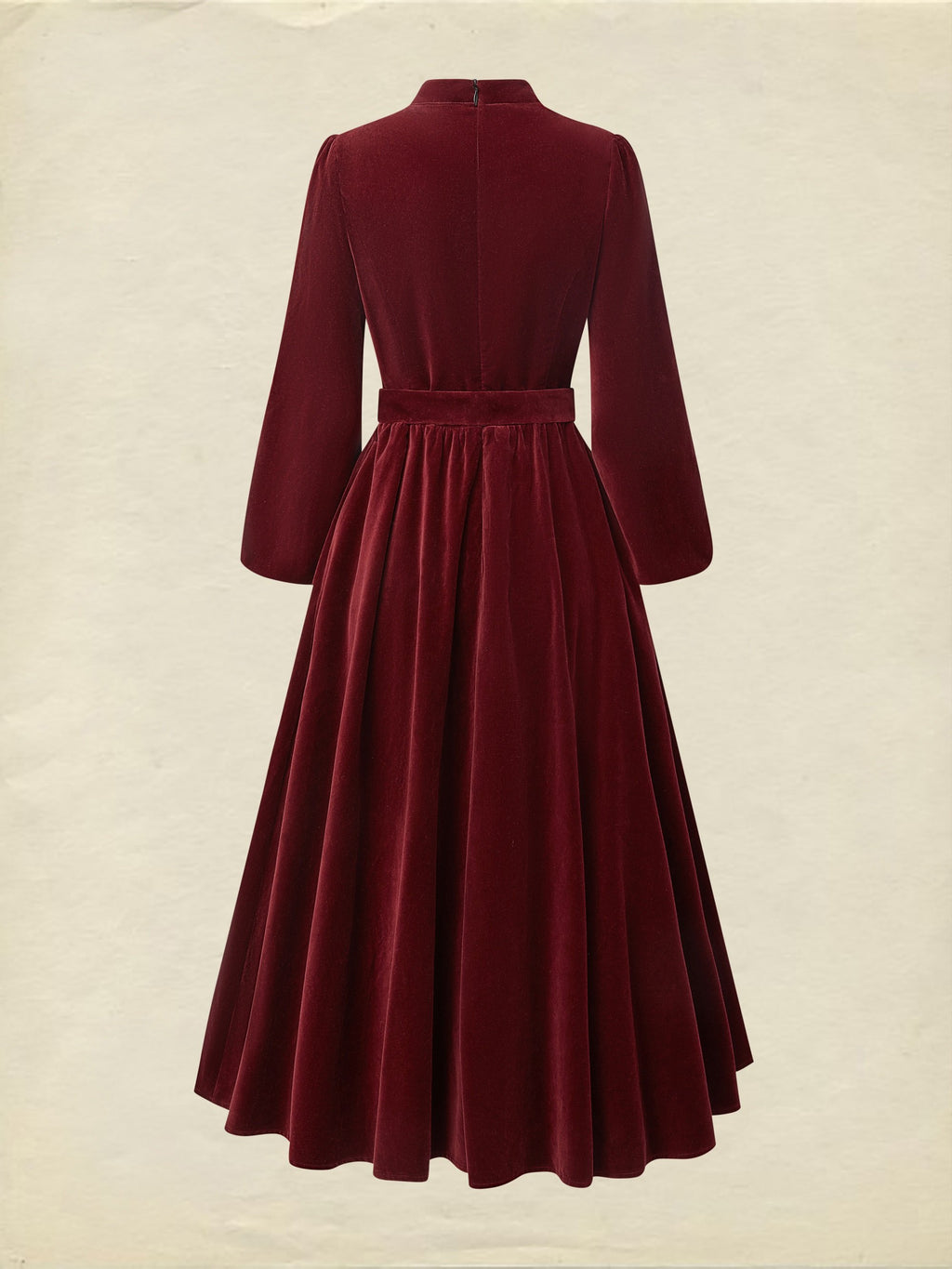 Midi Cotton Dress, Long Sleeves, Stand Collar, Plain, Vintage, Wine Red