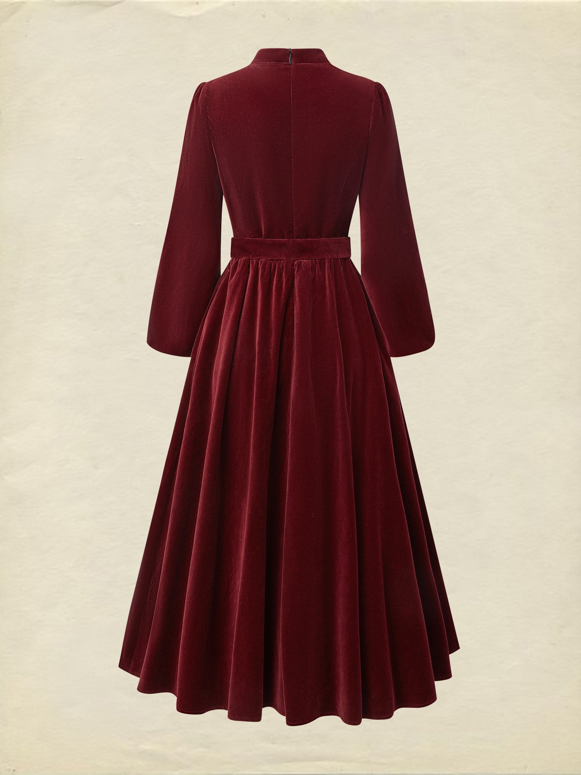 Midi Cotton Dress, Long Sleeves, Stand Collar, Plain, Vintage, Wine Red