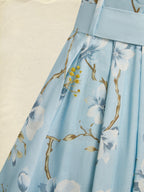 Maxi Linen Dress, Sleeveless, One Shoulder, Floral, Belt Design, Vacation, Vintage, Blue