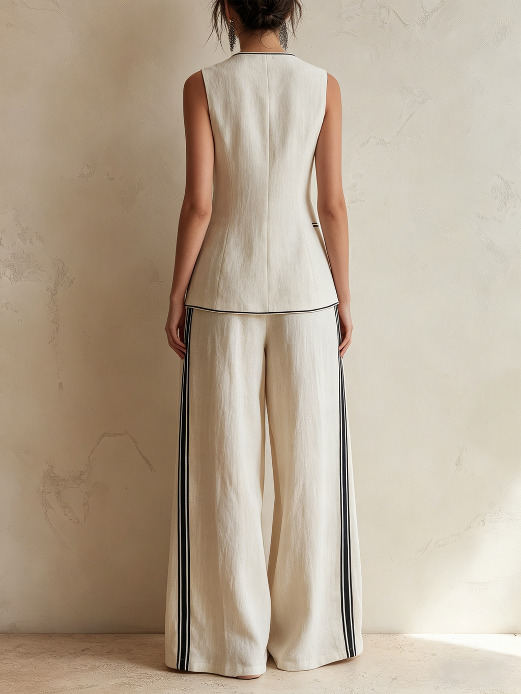 Cream Linen-Blend Double-Breasted Vest & Wide-Leg Trousers Co-ord Set