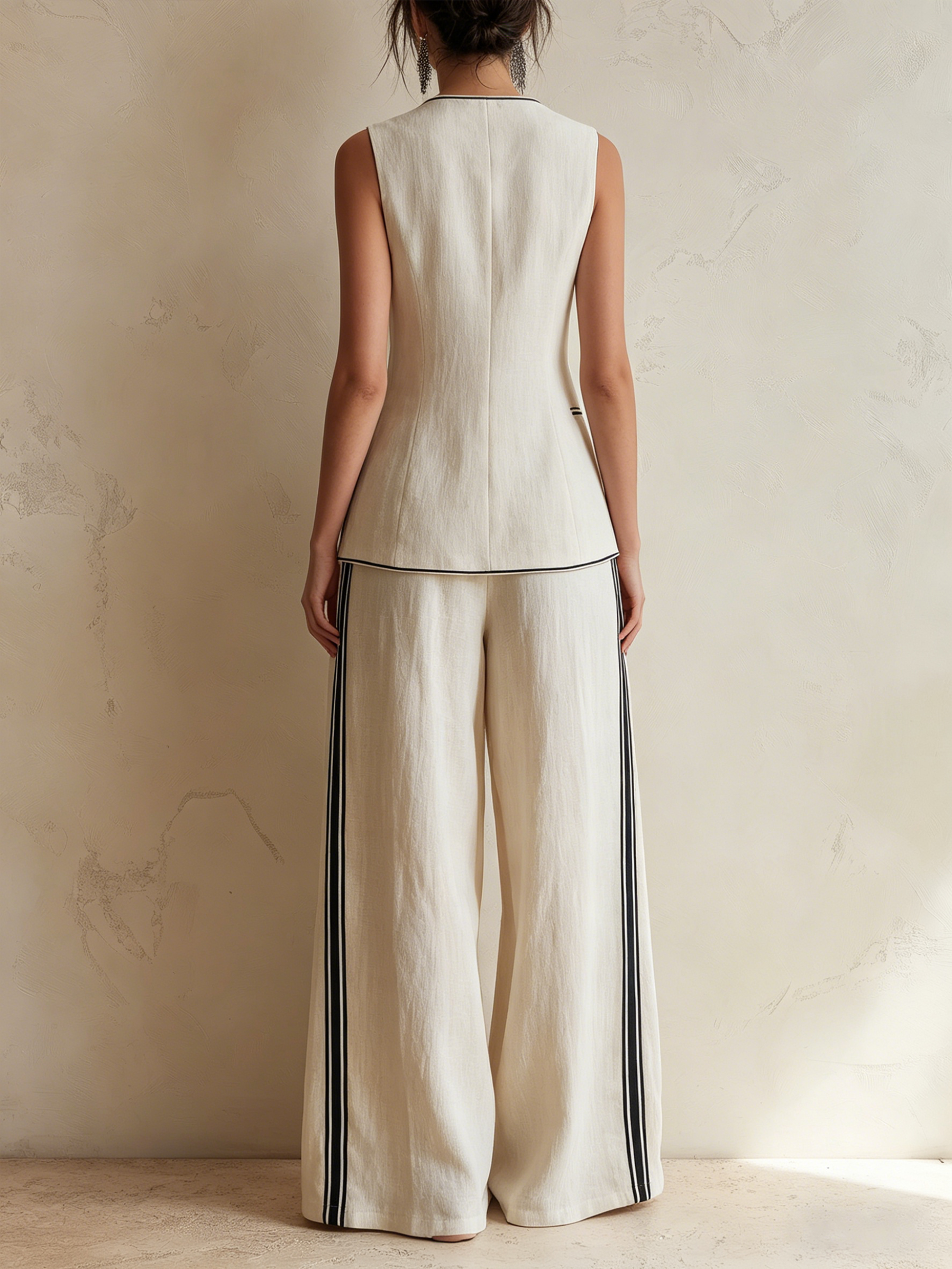 Cream Linen-Blend Double-Breasted Vest & Wide-Leg Trousers Co-ord Set