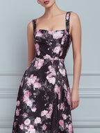 Black Pink Floral Square Neck Sleeveless A-Line Midi Dress