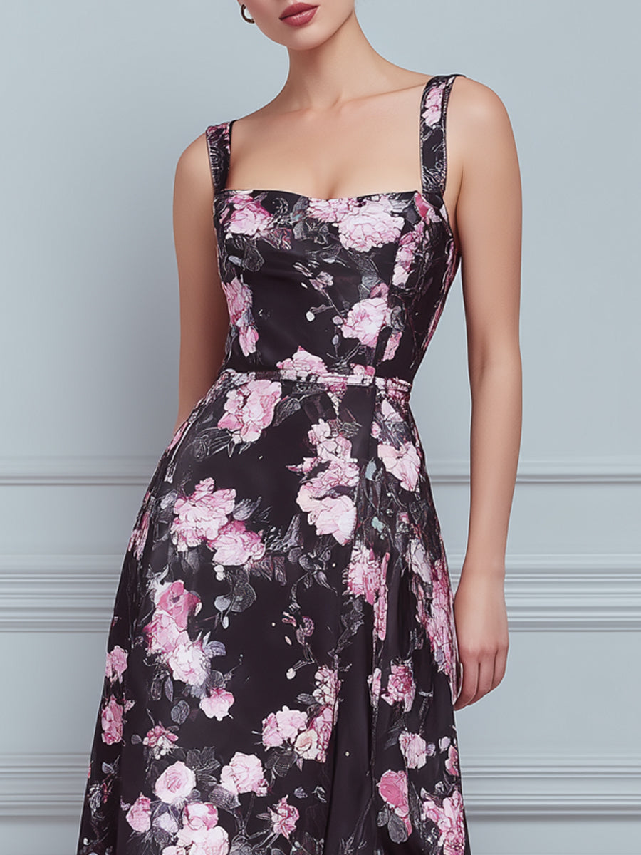Black Pink Floral Square Neck Sleeveless A-Line Midi Dress