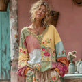 Women's Flower Embroidery Macaroon Color Patchwork Art V-neck Casual Sweatshirt