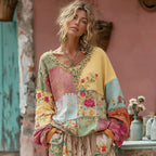 Women's Flower Embroidery Macaroon Color Patchwork Art V-neck Casual Sweatshirt