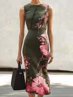 Elegant Olive Green Satin Floral Print Sleeveless Midi Dress