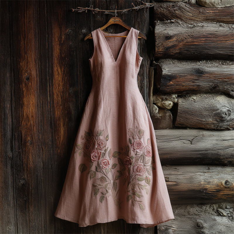 Classy Pink Roses Embroidered Linen Maxi Dress