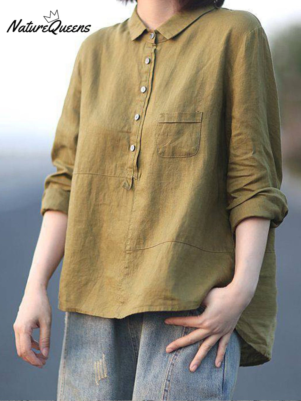 Women's Lapel Neck Casual Solid Colour Cotton And Linen Long Sleeve Shirt