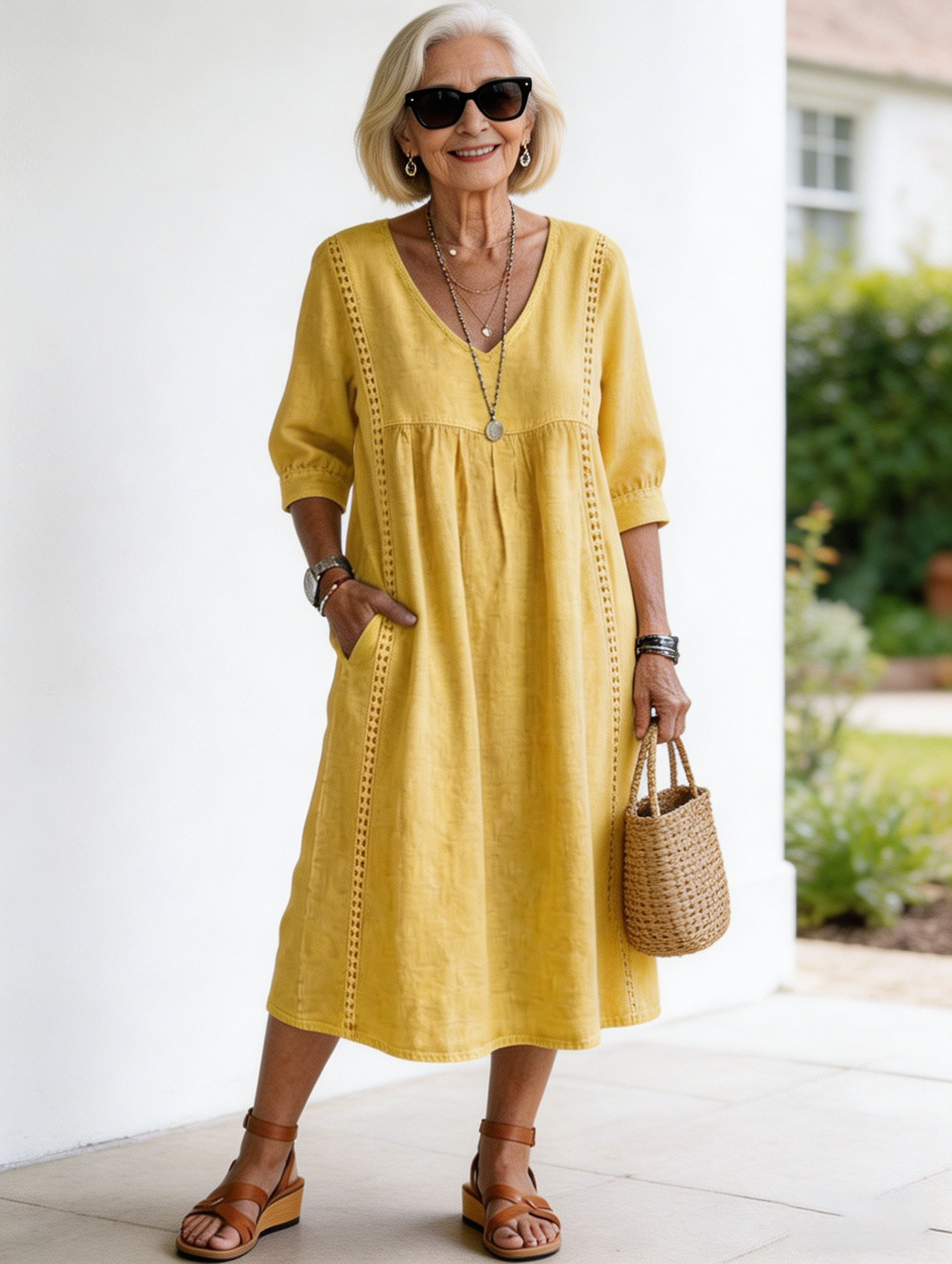 Casual Loose V-neck Splicing Lace Edge Linen Cotton Dress