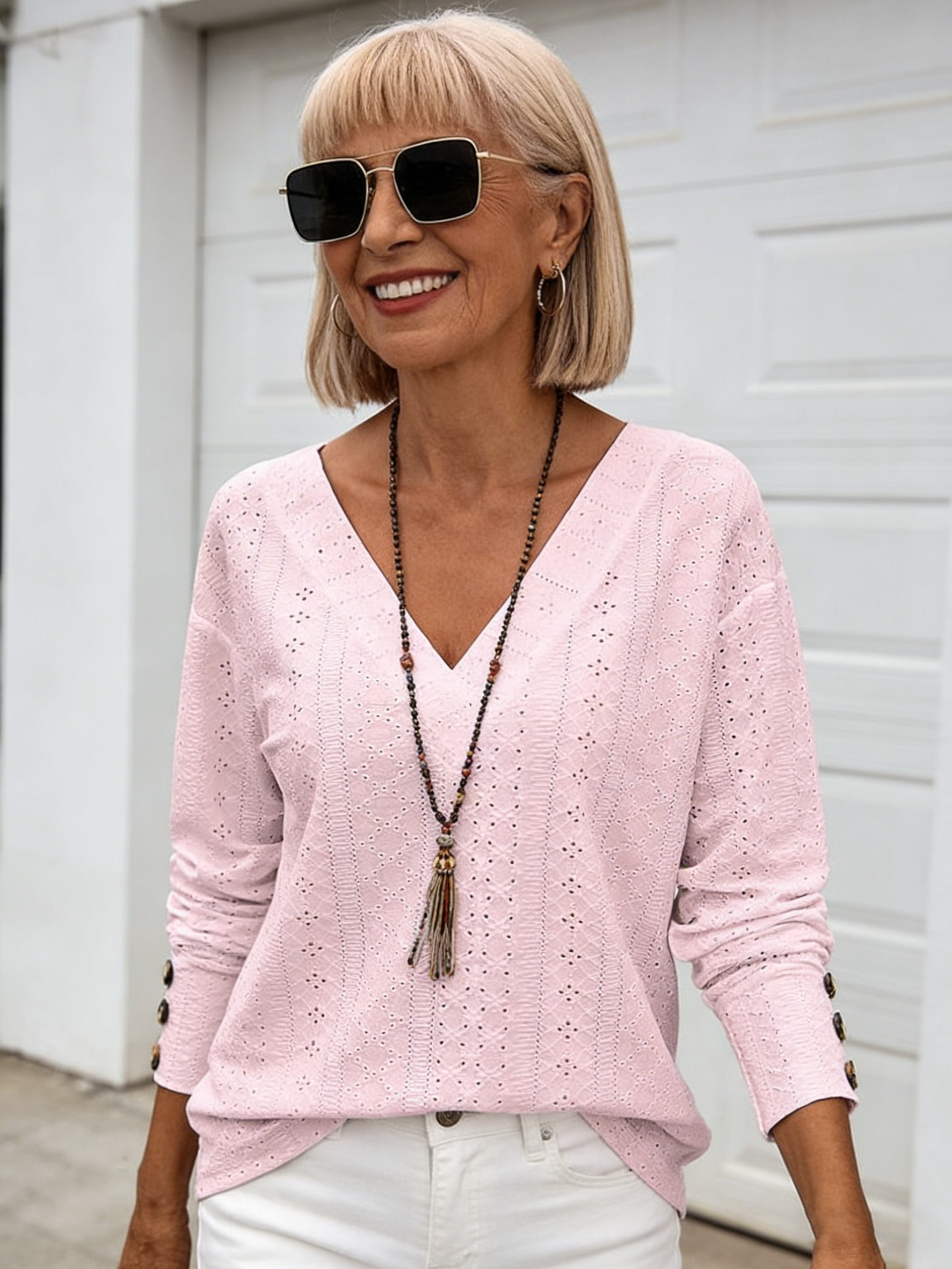 Textured Fabric Casual V-Neck Long Sleeve Button Hollow Lace Embroidered Shirt