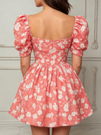 Coral White Floral Puff Short Sleeve Mini Dress