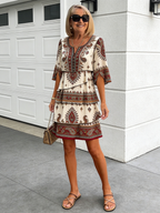 Chiffon Vacation Prints Color Round Neck Cake Skirt Splicing Dress Mid-length
