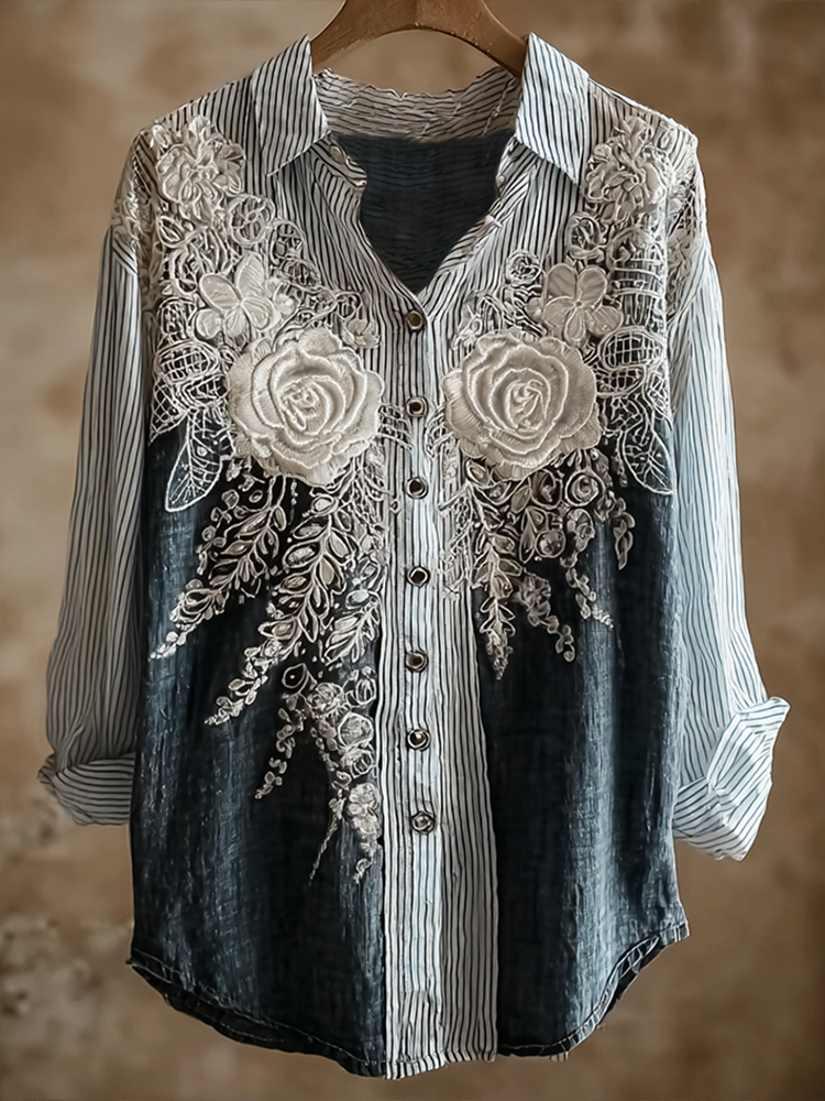 Butterfly Flower Embroidery Patchwork Striped Design Women's Summer Linen Shirt