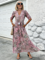 Vacation DRESS Women's Short Sleeve Summer Leopard Lace Dress V Neck Daily Going Out Casual Knee Length A-Line Khaki