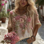 Women's Bohemian Floral Embroidery Art Linen Blend Middle Sleeve T-shirt