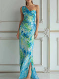 Blue Green Watercolor One-Shoulder Ruched Maxi Dress