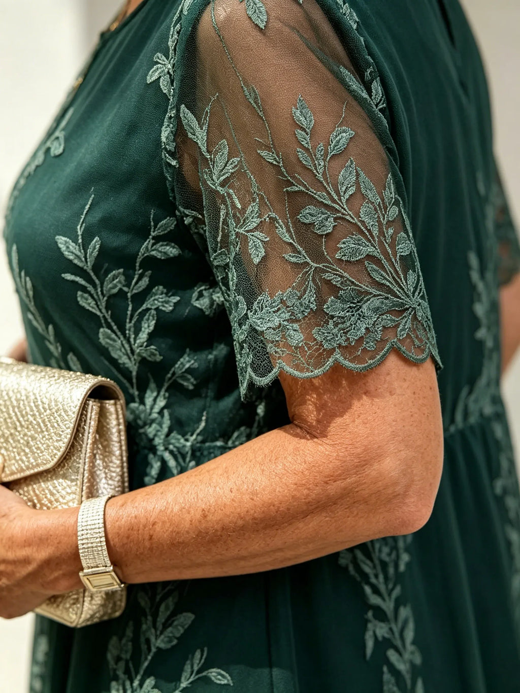 Petite Dark Green Leaf Embroidered Lace Midi Dress, Round Neck Short Sleeve Loose Slimming Mom Dress for Mature Women