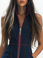 Western Retro Red Line Dark Blue Denim Sleeveless Shorts Jumpsuit