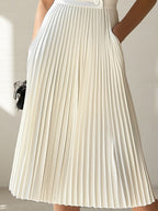 Cream White Cotton-Linen Sleeveless Top and Pleated Skirt Set